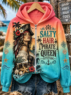 Women’s Salty Hair, Pirate Queen Attitude Ombre Graphic Zip-Up Hoodie