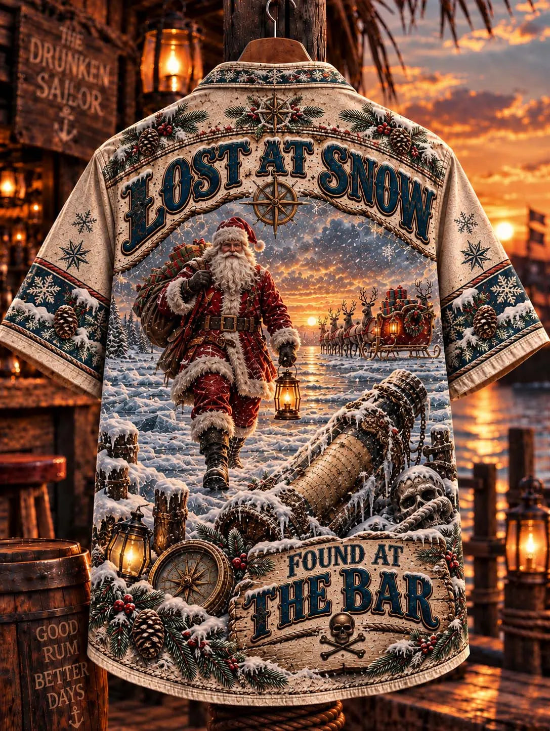 ❄️ Lost At Snow Santa Claus Walking with Reindeer Sleigh Hawaiian Shirt 🏴‍☠️