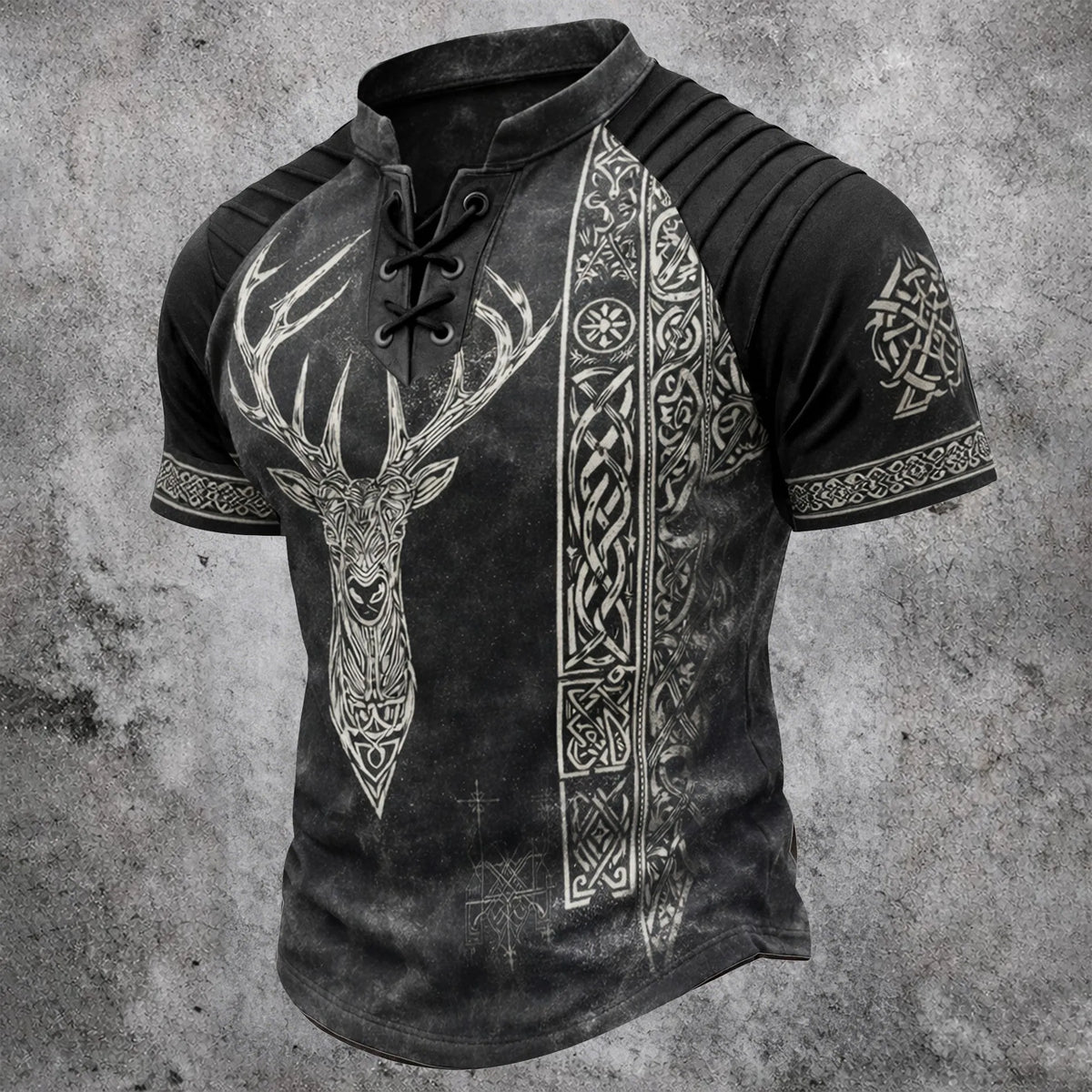 Men's Viking Deer Head Print Henley T-Shirt - Vintage Lace-Up Short Sleeve Top