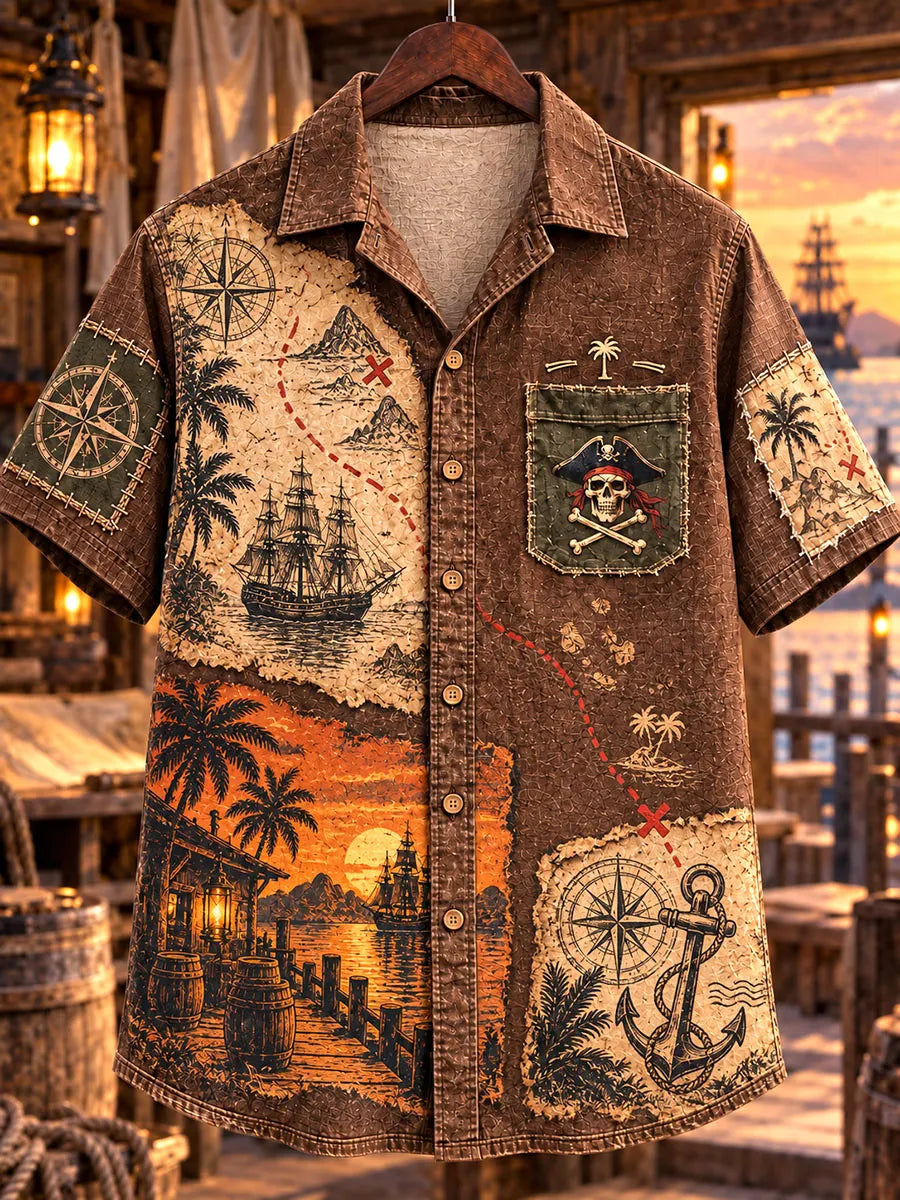 Pirate Treasure Map Patchwork Vintage Men’s Short Sleeve Shirt