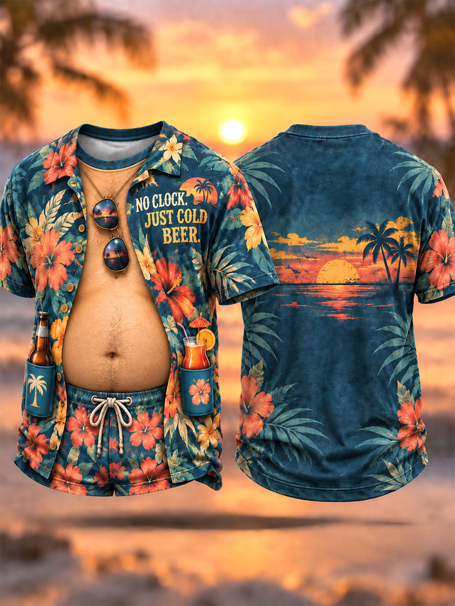 Men’s No Clock, Just Cold Beer Tropical Vacation Illusion Shirt
