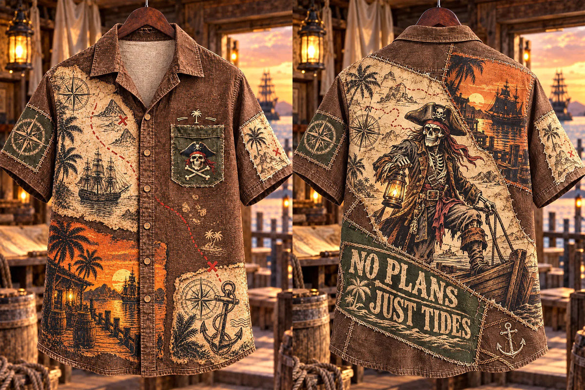 Pirate Treasure Map Patchwork Vintage Men’s Short Sleeve Shirt