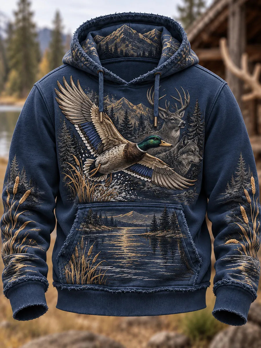 🦆 Flying Duck Deer & Wolf Lake Sunset Hoodie