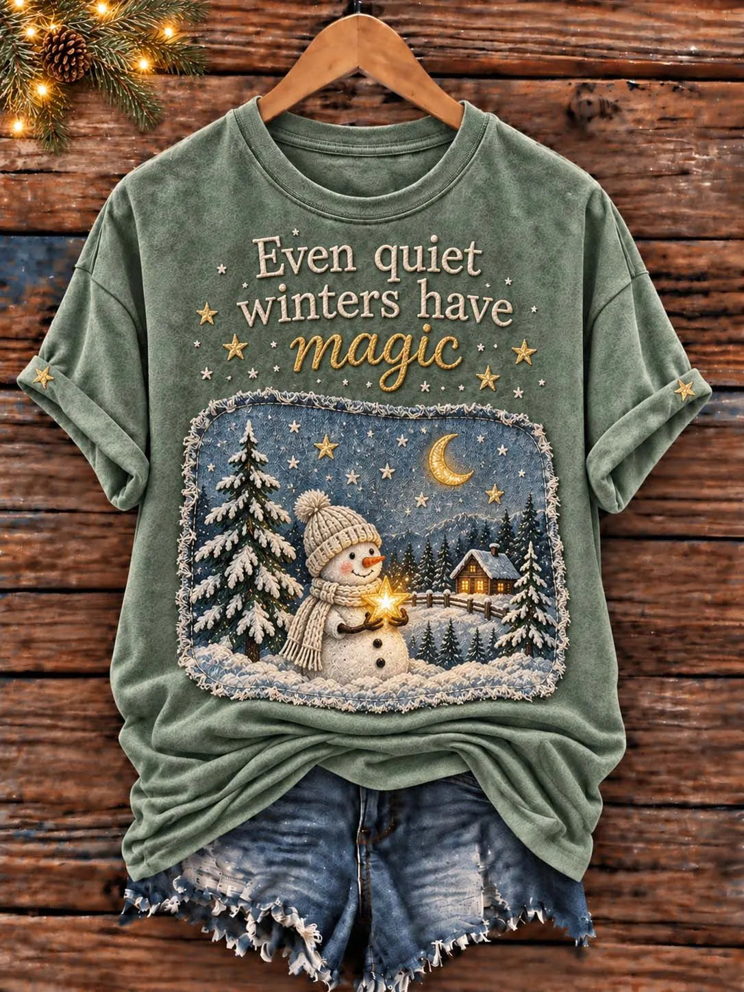 ✨ "Even Quiet Winters Have Magic" Sage Green Snowman Holding Star T-Shirt