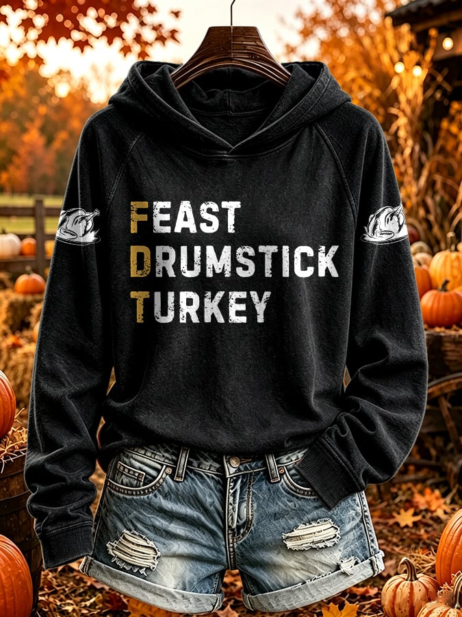 Retro Thanksgiving FDT Feast Drumstick Turkey Print Hoodie