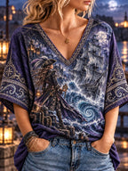 Moonlit Female Pirate Sailing Ship & Waves Women’s V-Neck 3/4 Sleeve Blouse