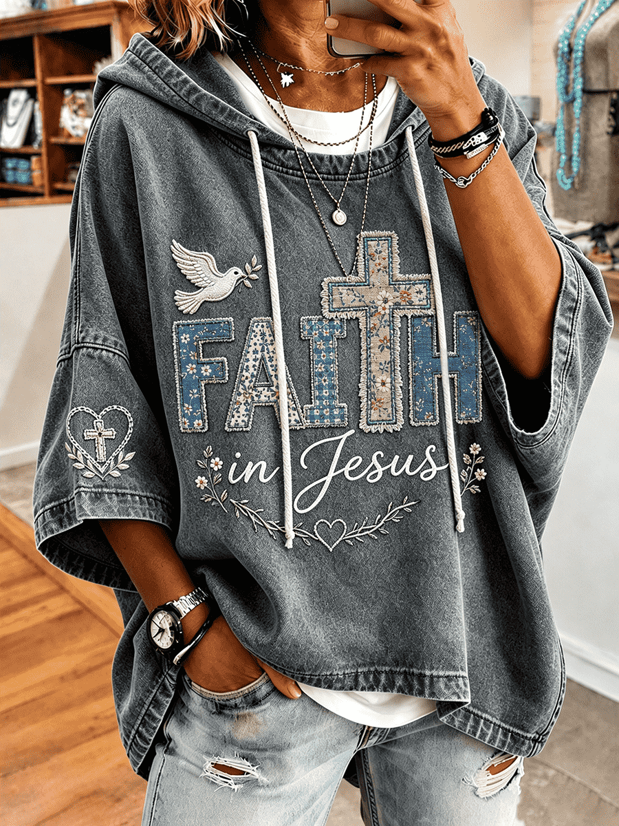 Women's Faith In Jesus Floral Patch Letter Dove Heart Cross Sleeve Embroidery Hoodie