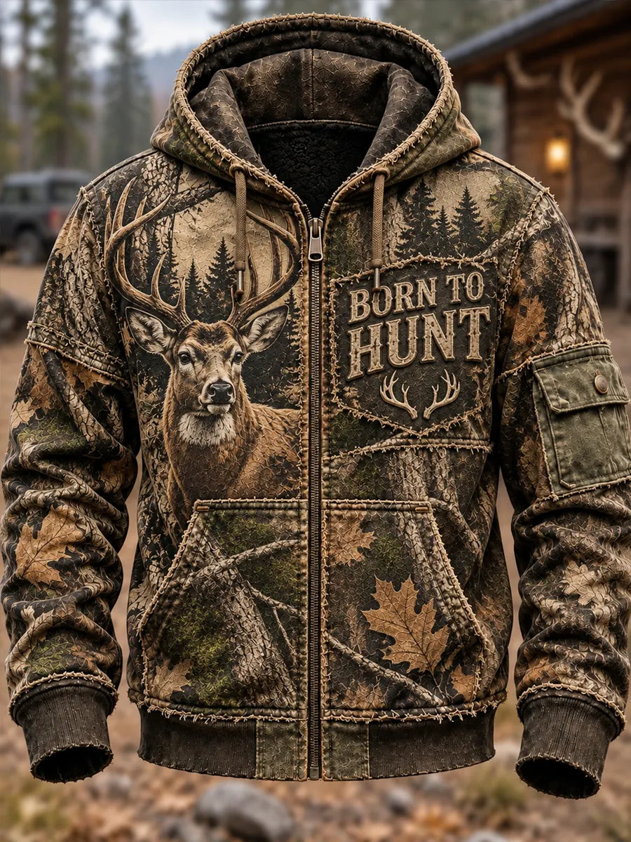 Men's Retro Hunting Culture Print Casual Full-Zip Hoodie
