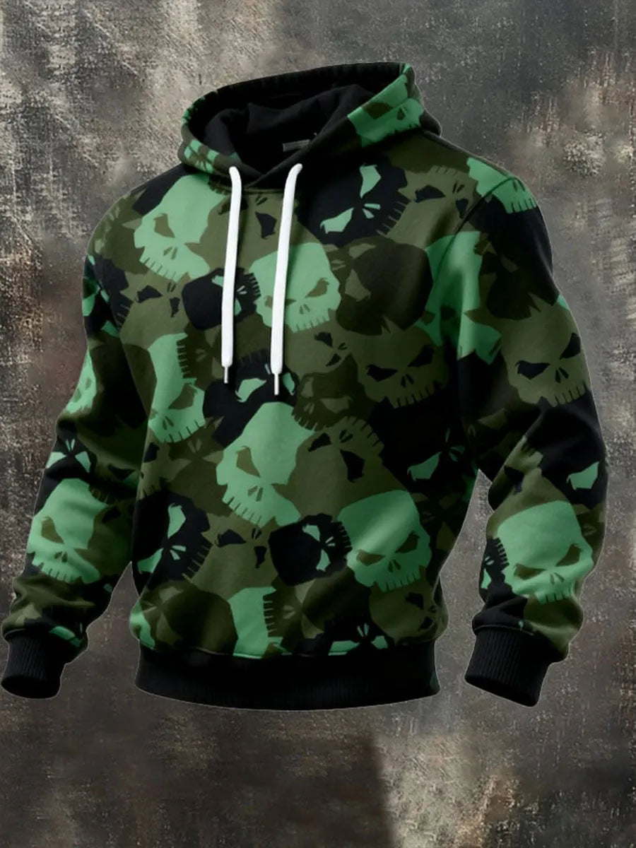 Men's Retro Skeleton Camouflage Oversized Drop-Shoulder Hoodie