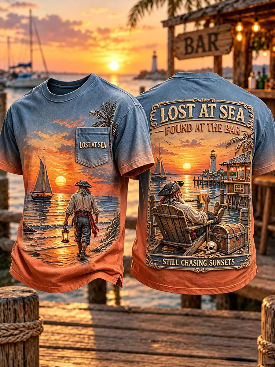 Men’s Lost at Sea Found at the Bar Sunset Pirate Graphic Pocket T-Shirt