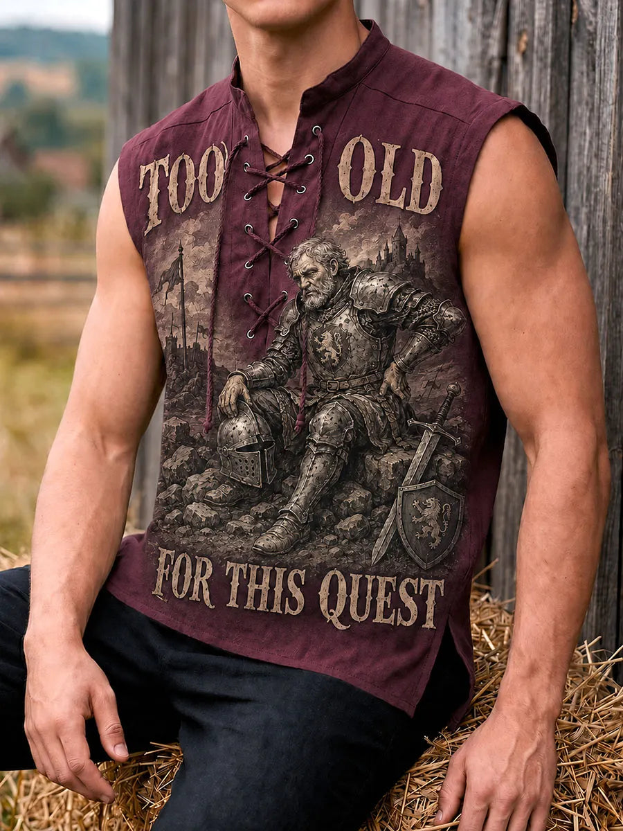 Men’s “Too Old for This Quest” Medieval Knight Humor Print Sleeveless Lace-Up Top
