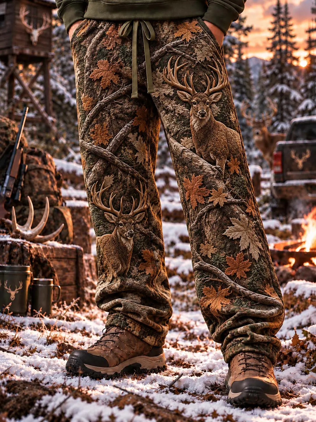 🌲 Men's Full Forest Camo Deer Antler Quilted Sweatpants