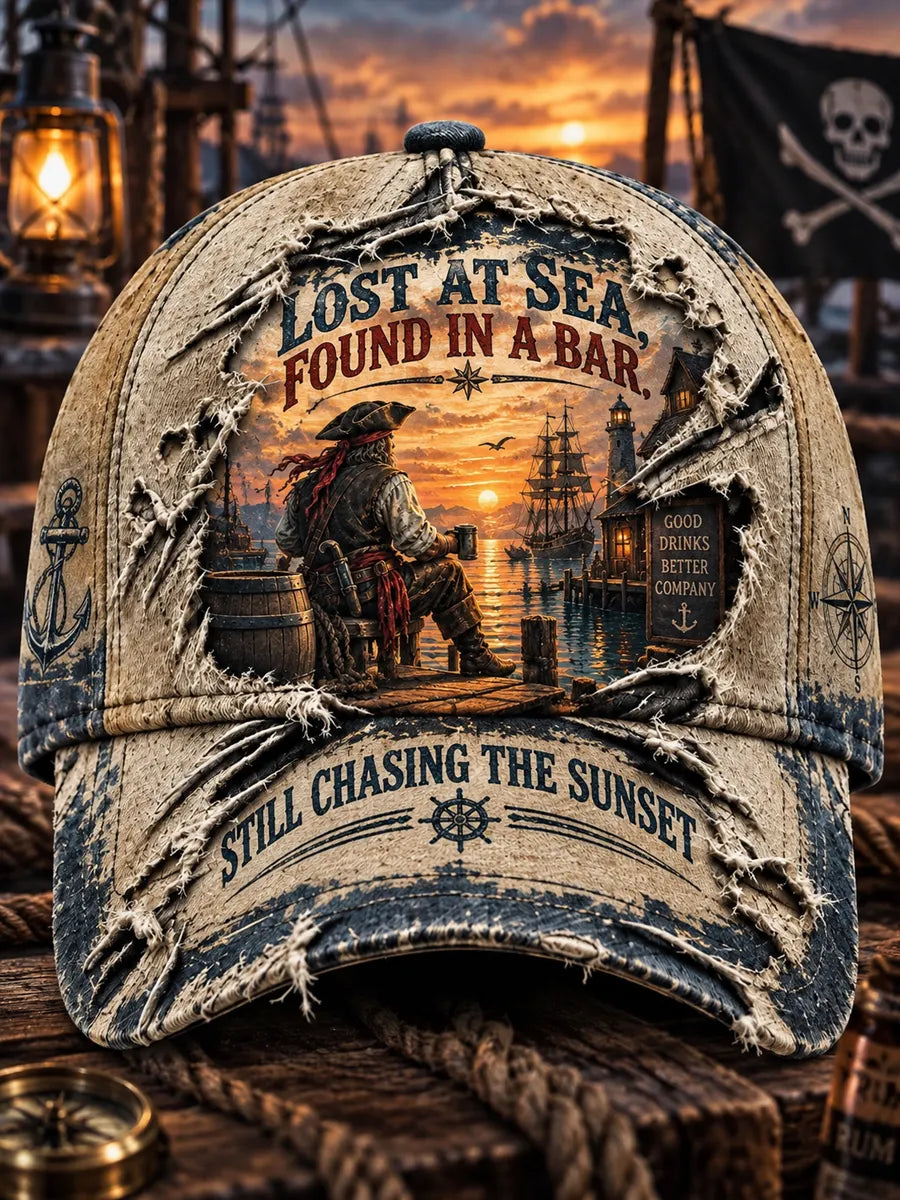Retro Pirate's Old Salt "LOST AT SEA FOUND AT THE BAR" Printed Baseball Cap