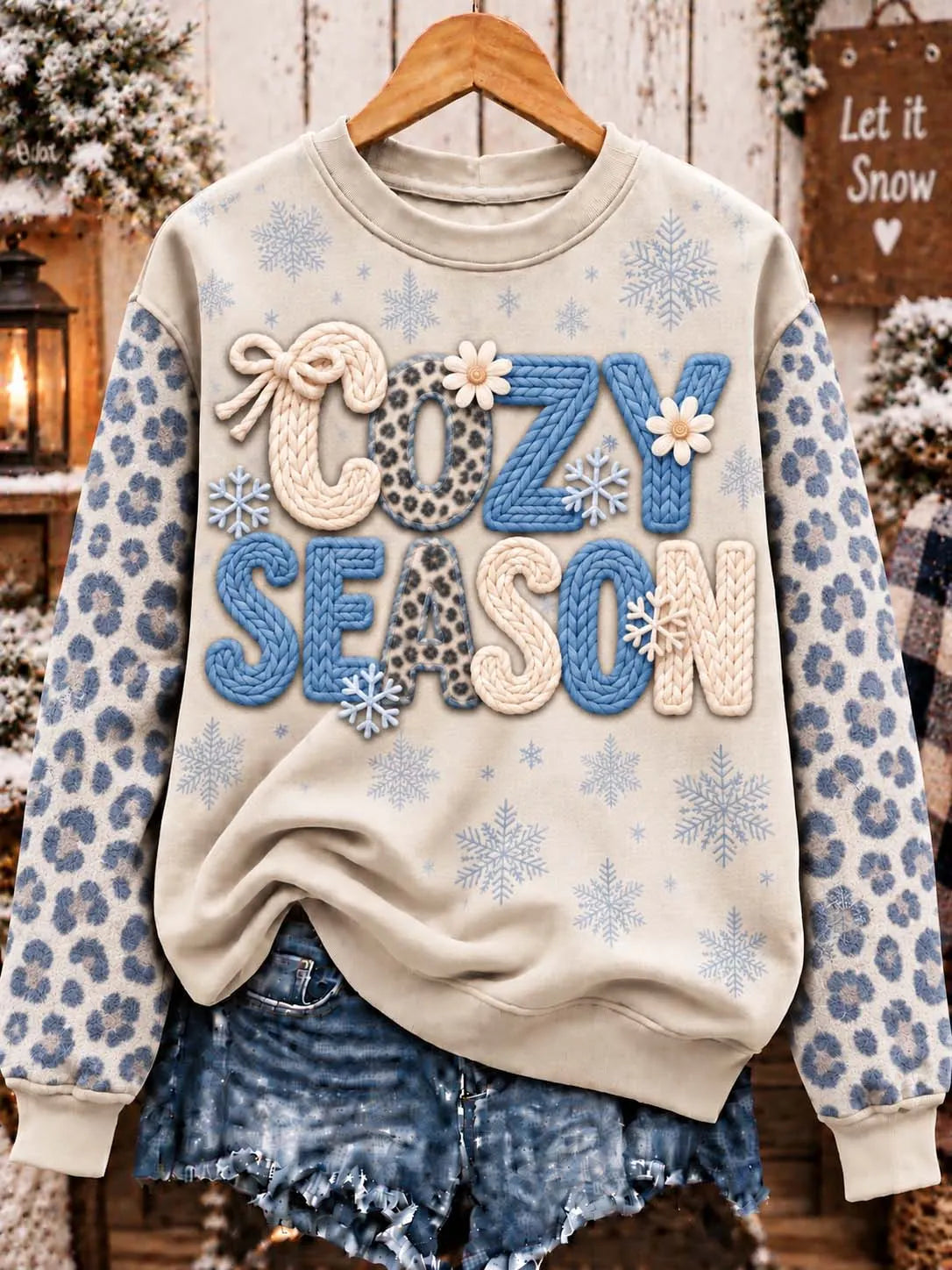 ❄️ "Cozy Season" Blue Knit Chenille Lettering Beige Sweatshirt