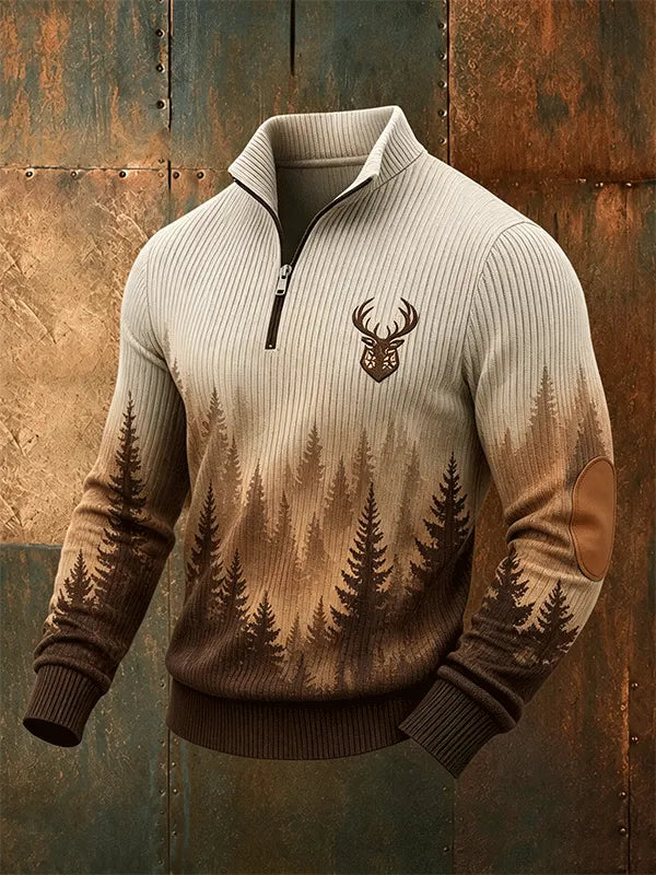 Men's Forest Mountain Deer Embroidery Quarter Zip Ribbed Top