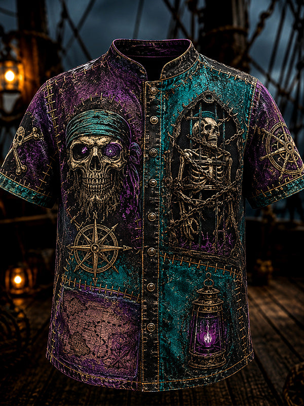 Men's Mysterious Skull Pirate Horror Patchwork Art Print Casual Shirt