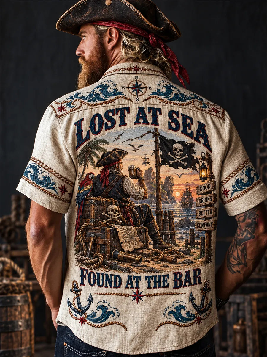 Men’s Vintage  "LOST AT SEA " Old Salt Pirate Short Sleeve Shirt