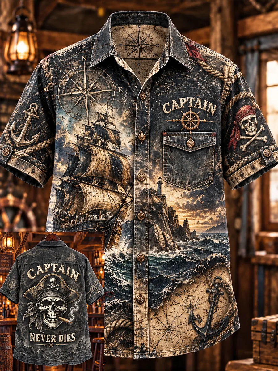 🏴‍☠️💀"Dark Sovereign" Captain Never Dies Denim Shirt