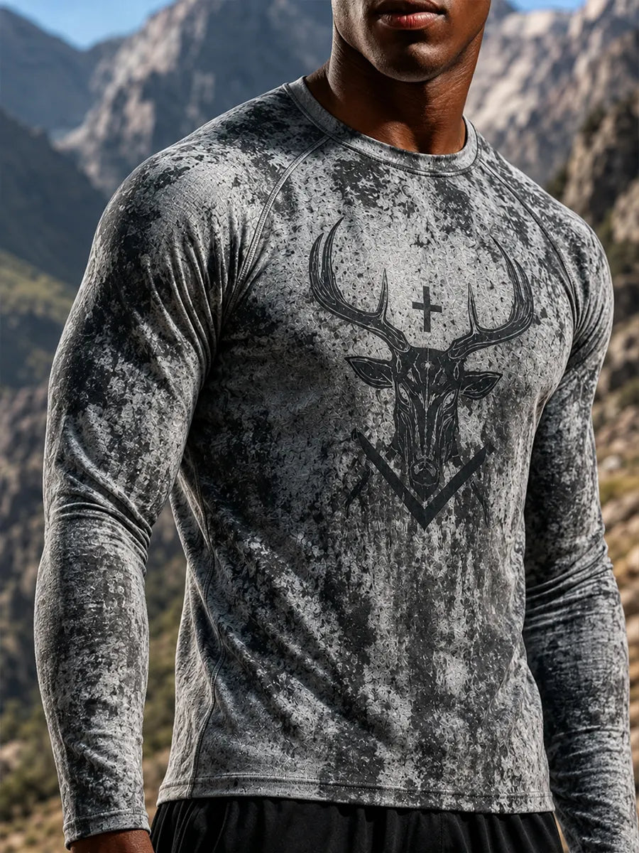 Men's Grunge Stag Cross Symbol Print Lightweight Thermal Long Sleeve T-Shirt