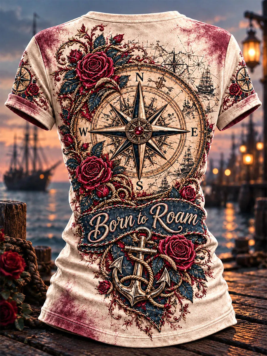 Vintage Compass Rose Pirate Woman Graphic T-Shirt