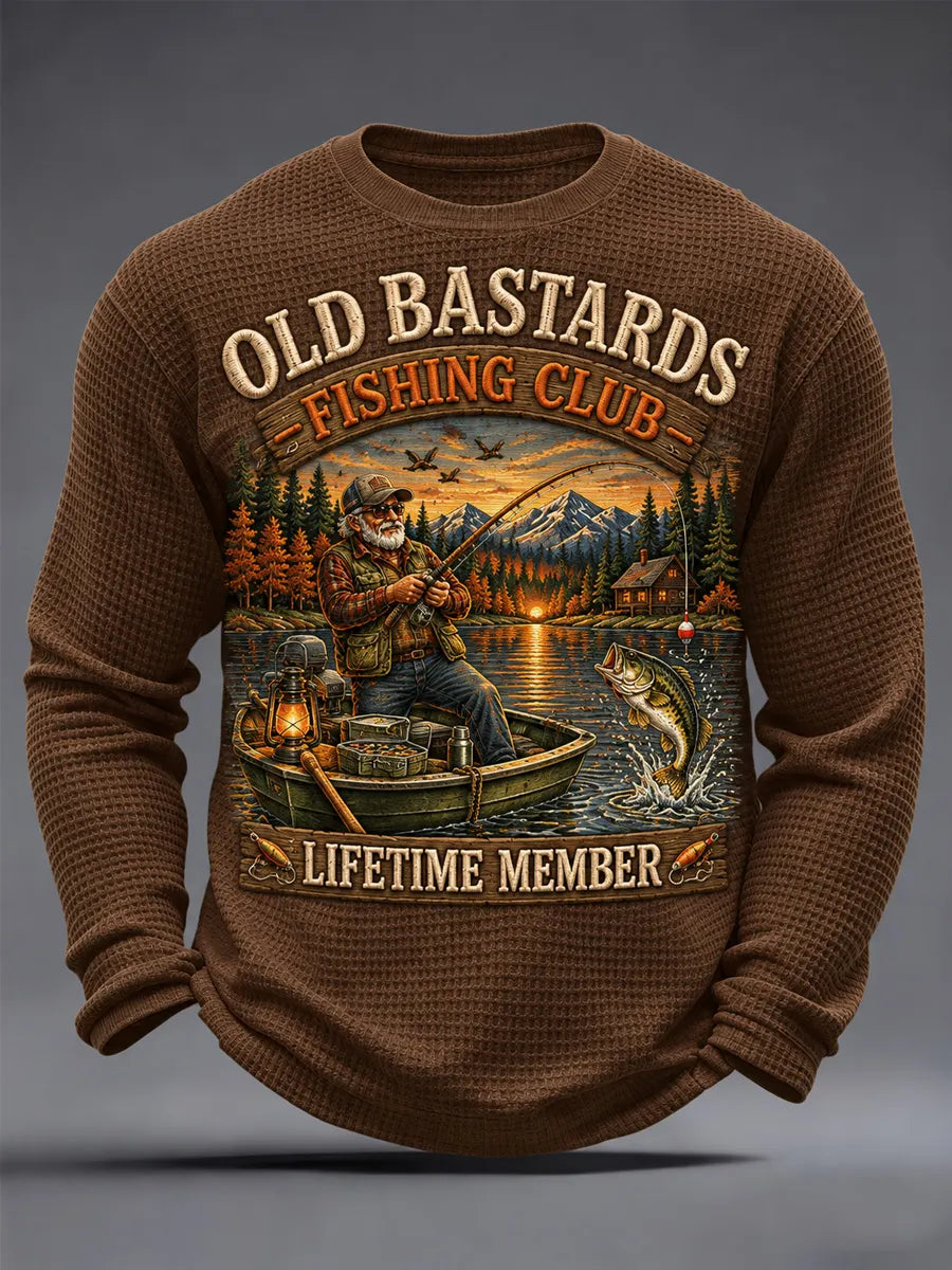 Men's Funny Old Bastards Fishing Club Lifetime Member Print Waffle Long Sleeve Top