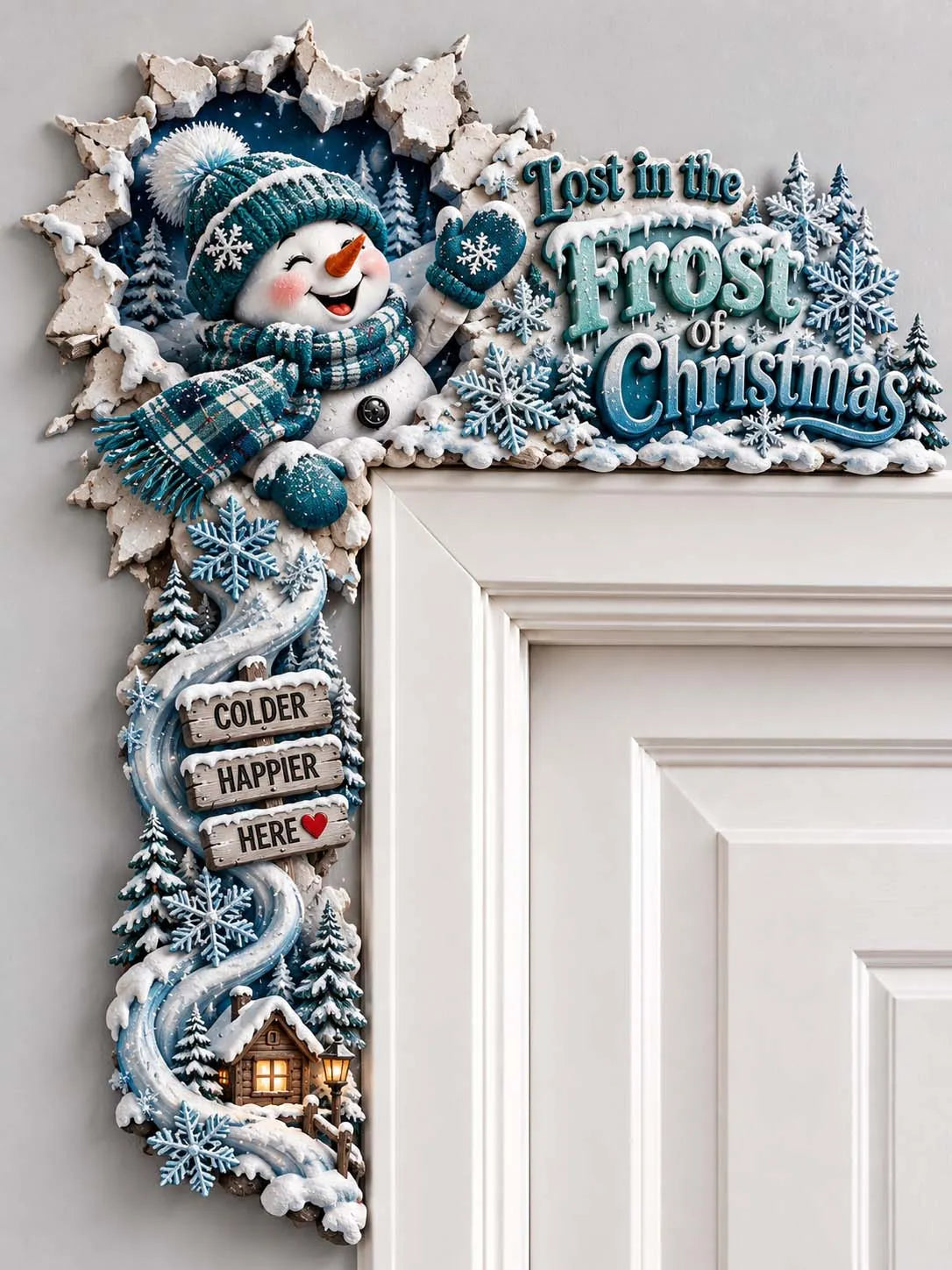 ❄️ "Lost in the Frost of Christmas - Snowman with Blue Scarf" Holiday Door Corner Frame
