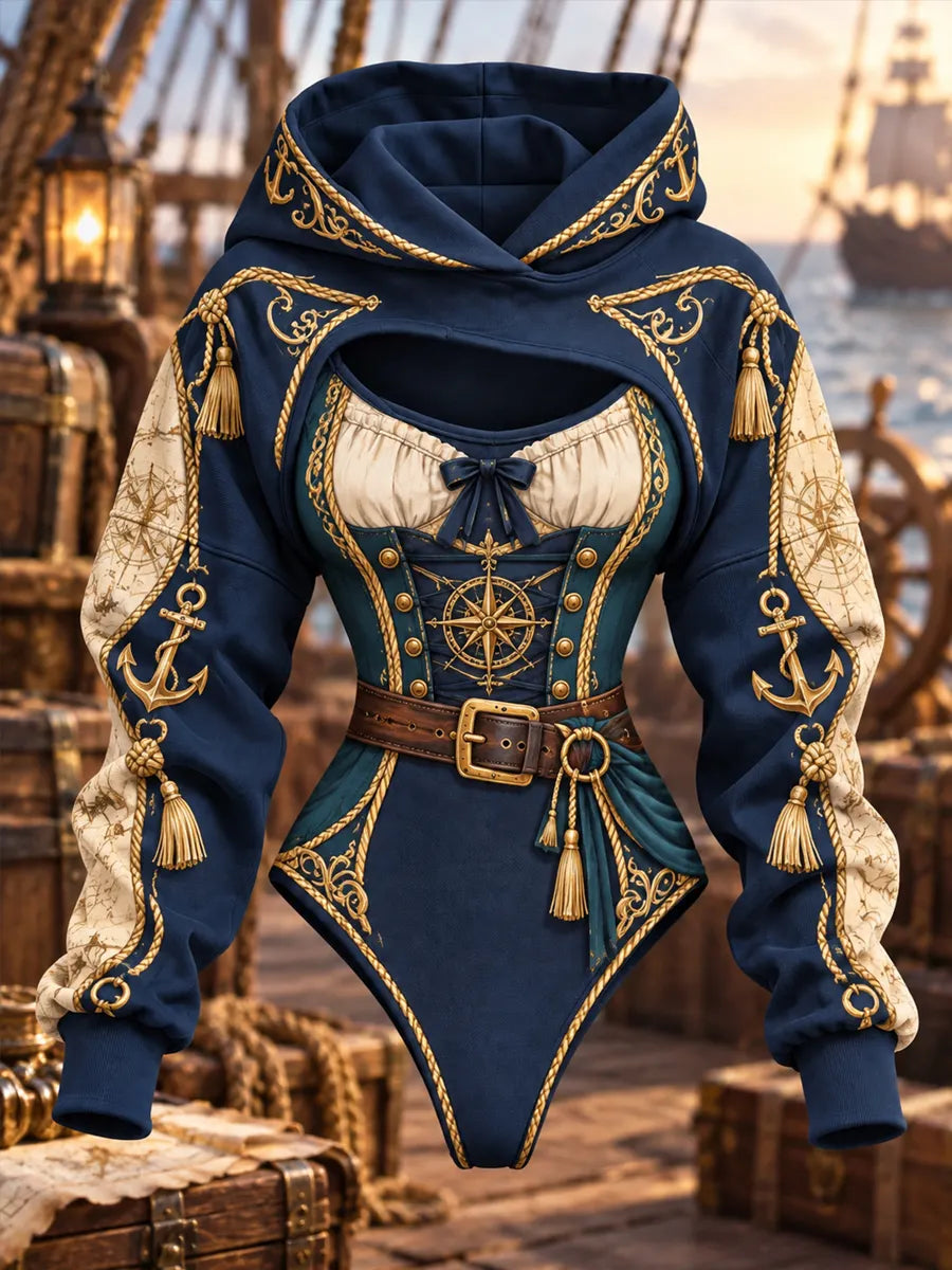 Women's Pirate Print Hooded Crop Top & Bodysuit 2-Piece Set