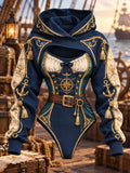 Women's Pirate Print Hooded Crop Top & Bodysuit 2-Piece Set