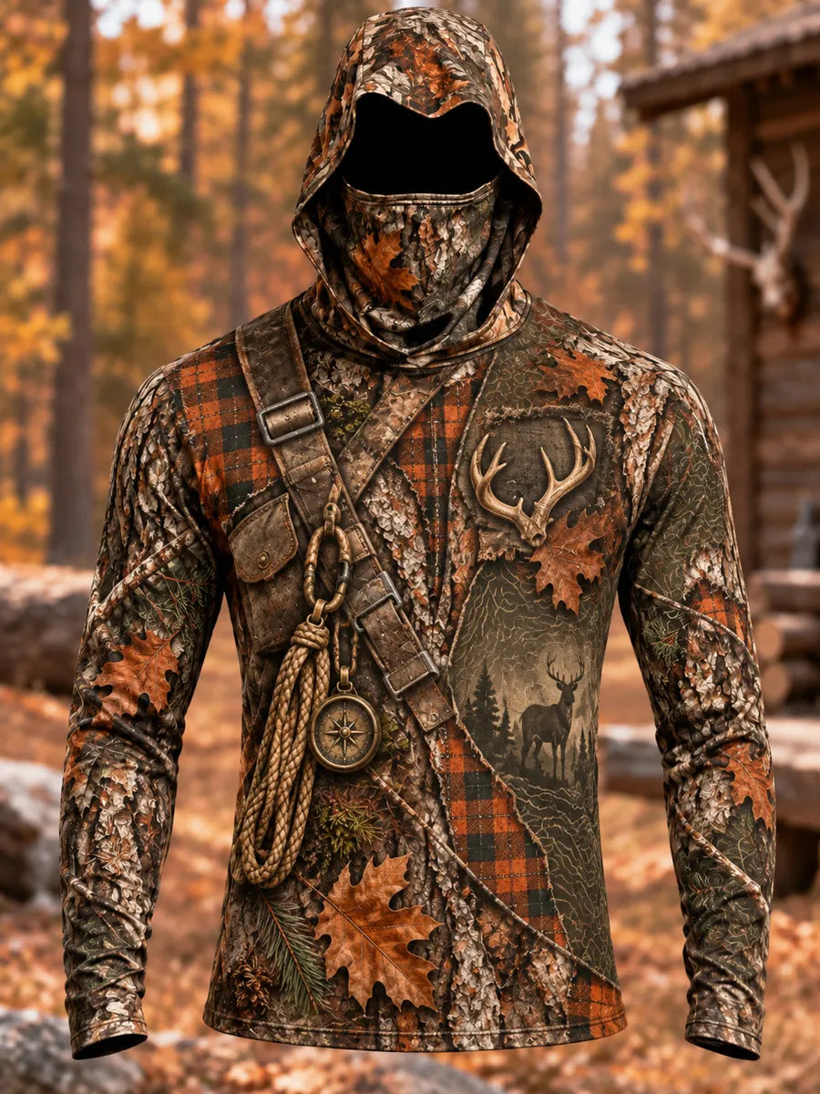 Men's Vintage Hunting Style Print Outdoor Hoodie Long Sleeve Shirt