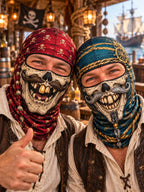 Fun pirate skull mask with exposed eyes – featuring a red and blue bandana design, adorned with a beard, nautical ropes, and skull motifs.