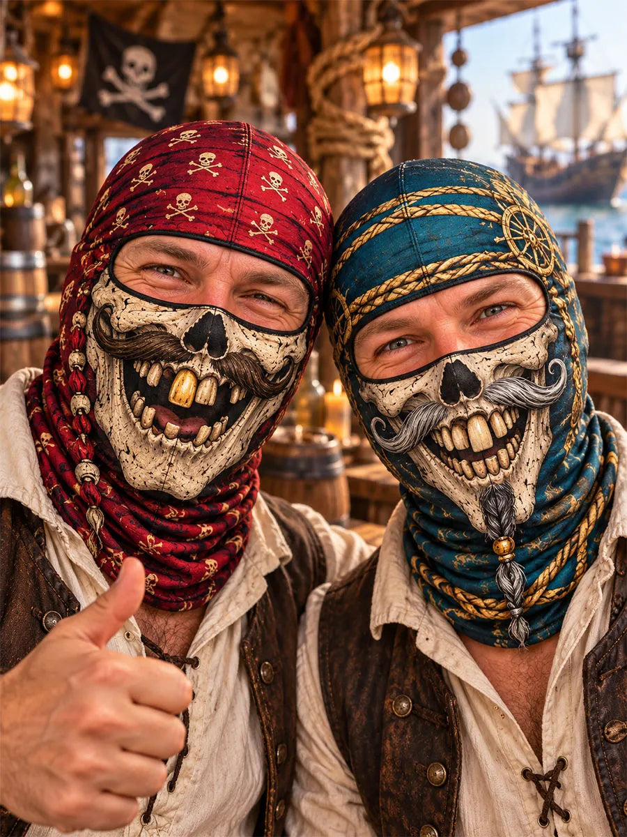 Fun pirate skull mask with exposed eyes – featuring a red and blue bandana design, adorned with a beard, nautical ropes, and skull motifs.