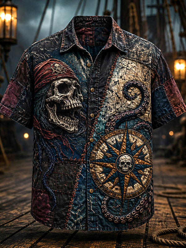 Men's Skeleton Pirates Dark Ocean Art Print Casual Shirt