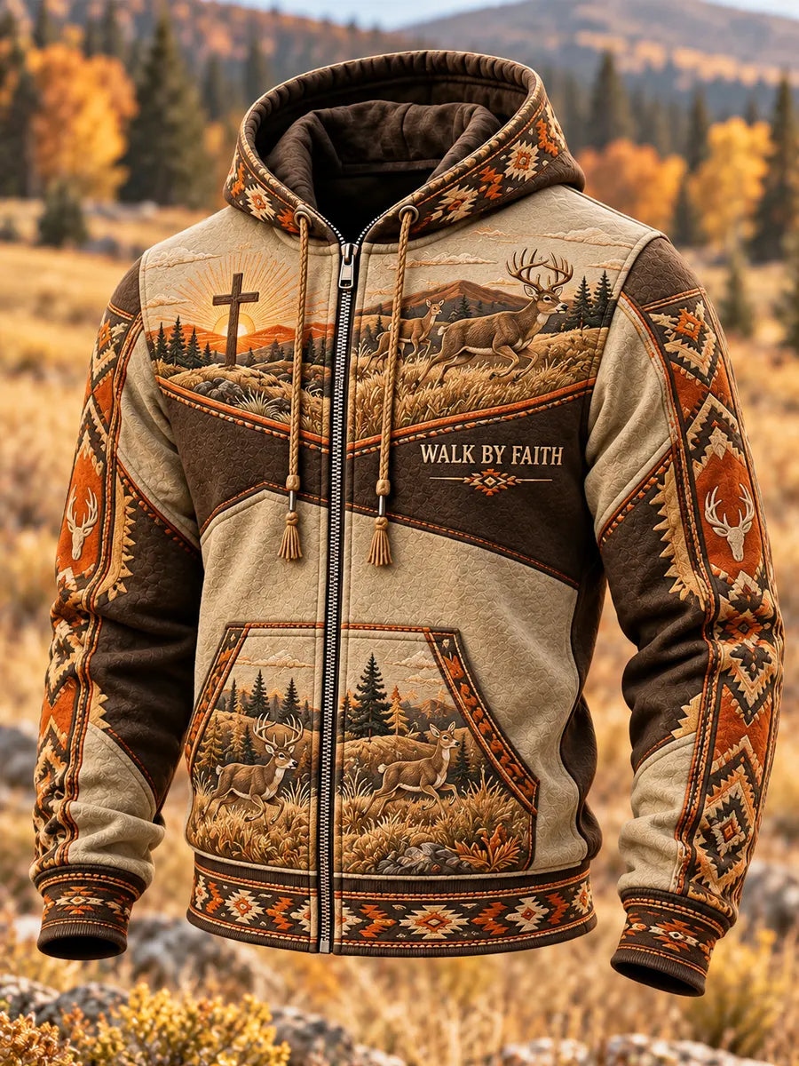 Men's Retro Hunting Culture Faith Art Print Casual Full-Zip Hoodie