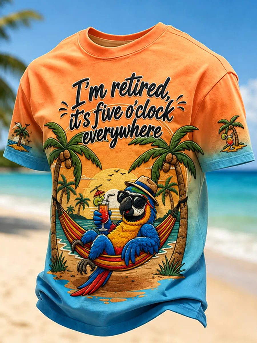 Men's "I'm Retired, It's Five o'clock Everywhere Now" Parrot Print Casual T-shirt