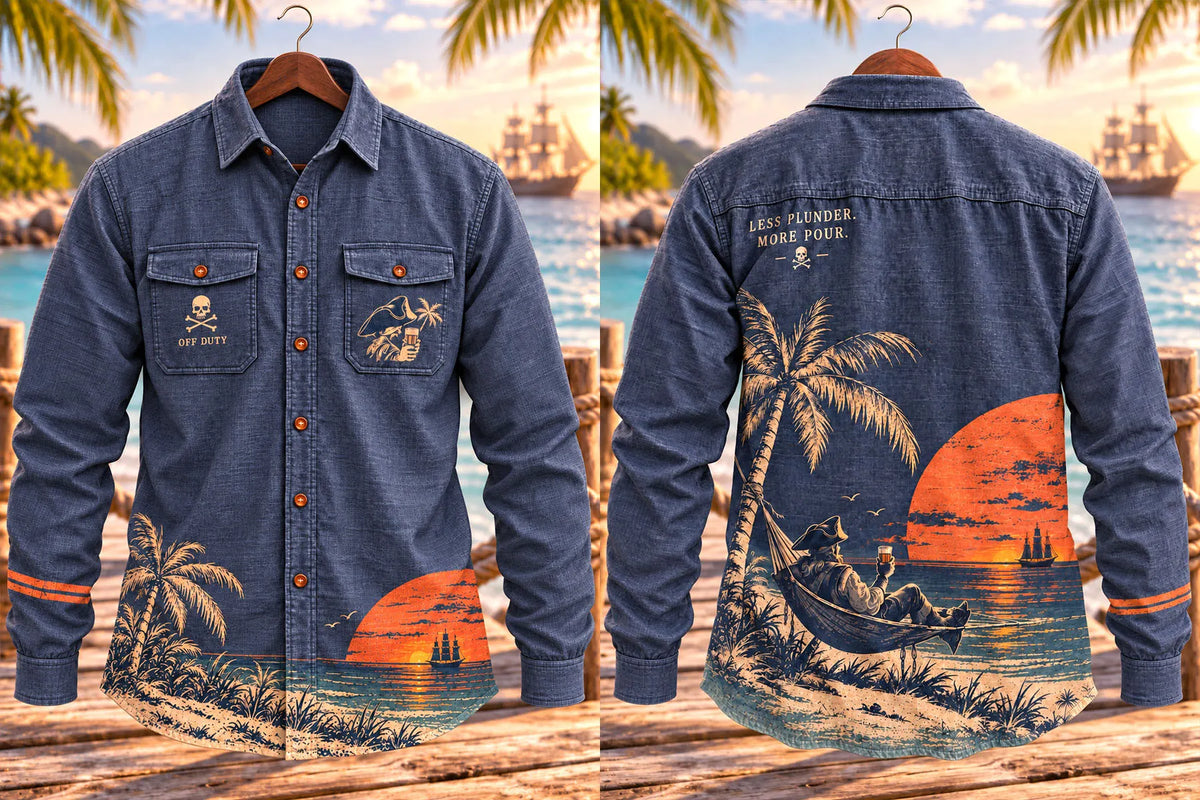Men's Vintage Pirate Sunset Palm Tree Print Long Sleeve Shirt