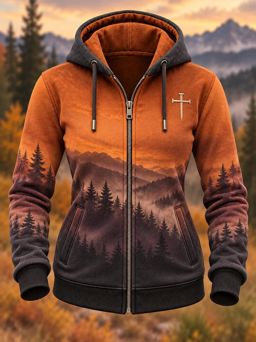 Women's Retro Hunting Culture Art Print Casual Zip-Up Hoodie