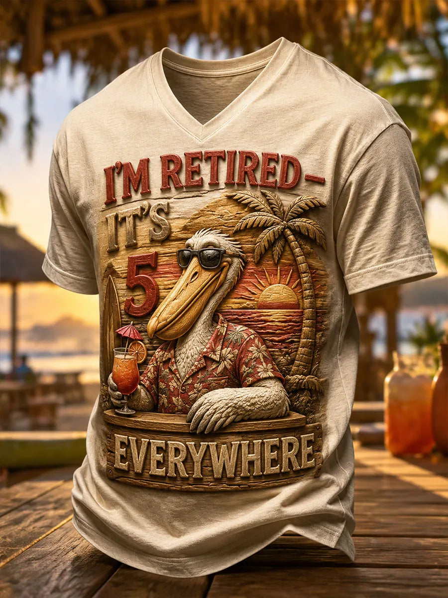 Men’s Retired Tropical Vacation Pelican Graphic V-Neck T-Shirt