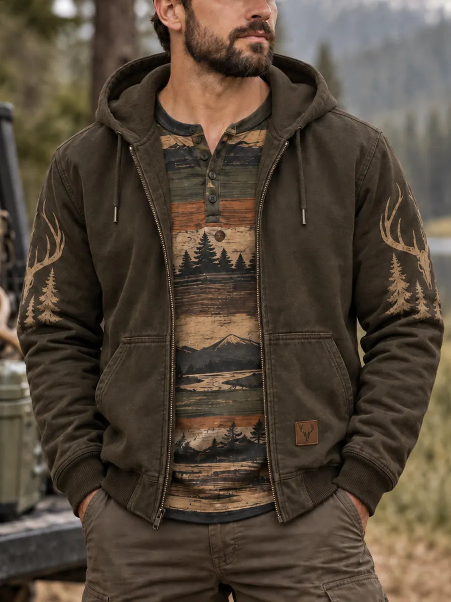 Men's Retro Hunting Culture Print Casual Full-Zip Hoodie