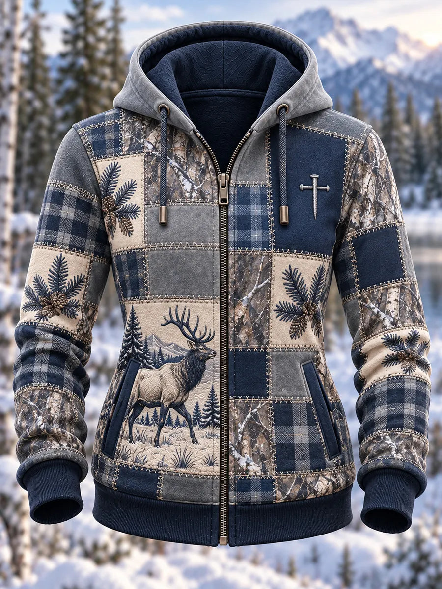 Women's Retro Hunting Culture Art Print Casual Zip-Up Hoodie