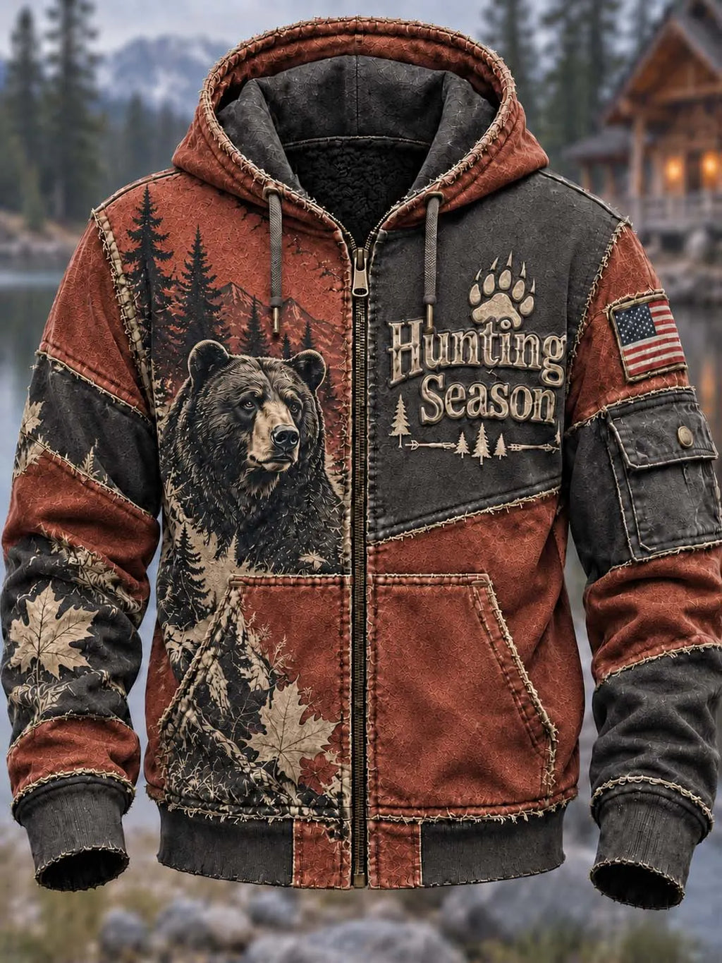 🐻🍁 Hunting Season Grizzly Bear Mountain Zip Hoodie