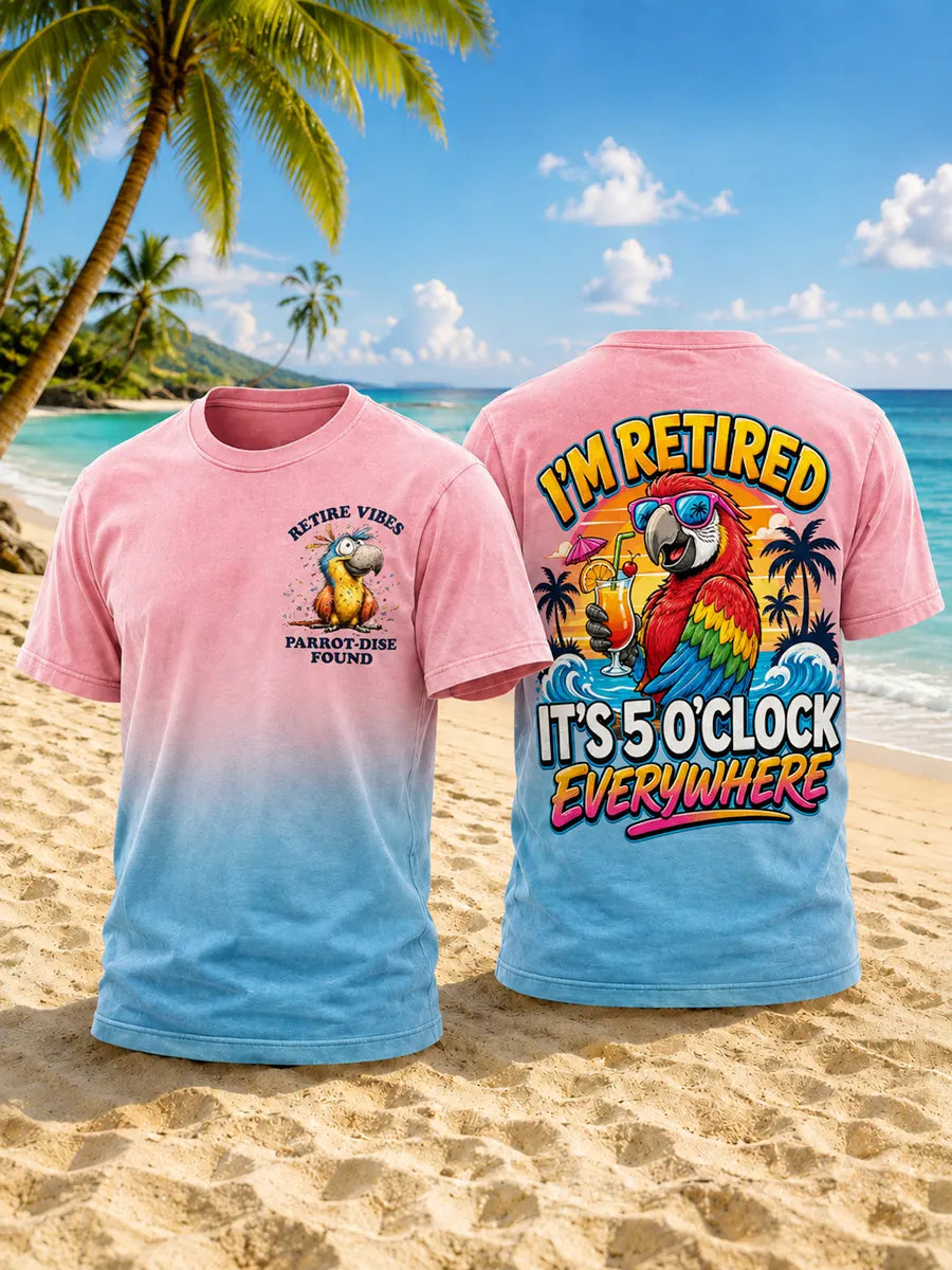 Men's "I'm Retired, It's Five o'clock Everywhere Now" Parrot Print Casual T-shirt
