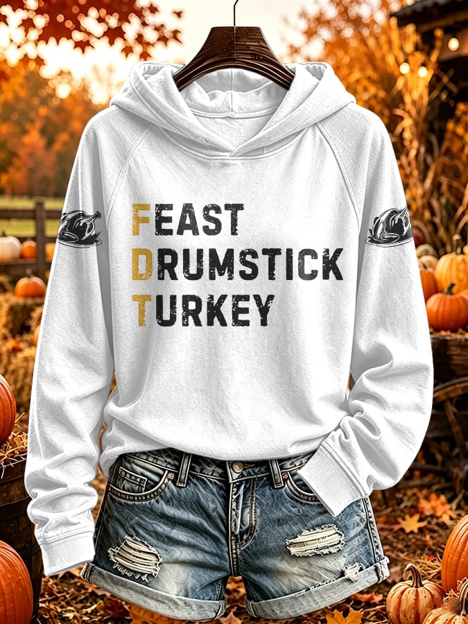 Retro Thanksgiving FDT Feast Drumstick Turkey Print Hoodie