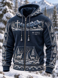 Men's Retro Hunting Culture Faith Art Print Casual Full-Zip Hoodie