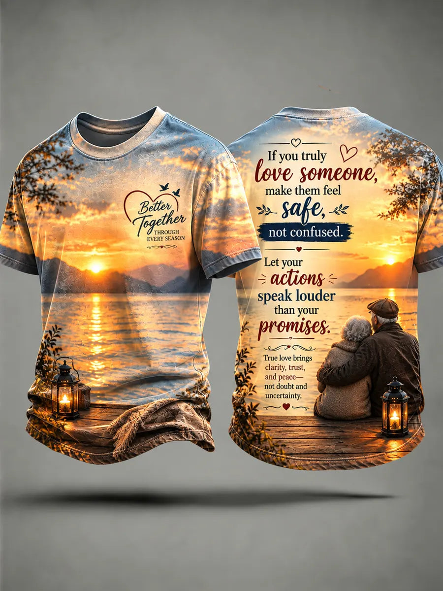 Unisex Retired Older Couple Art Printed T-Shirt
