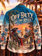 Men's Vintage Tropical Island Pirate Print Casual Long Sleeve Shirt