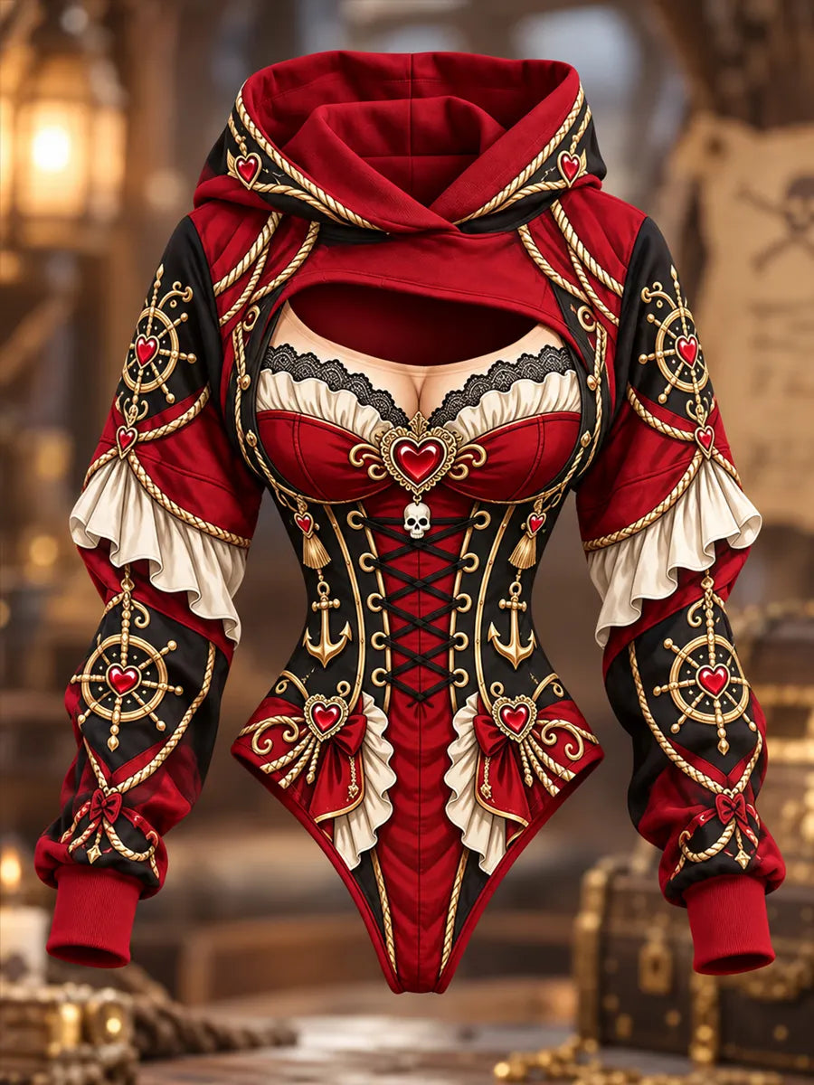 Women's Pirate Print Hooded Crop Top & Bodysuit 2-Piece Set