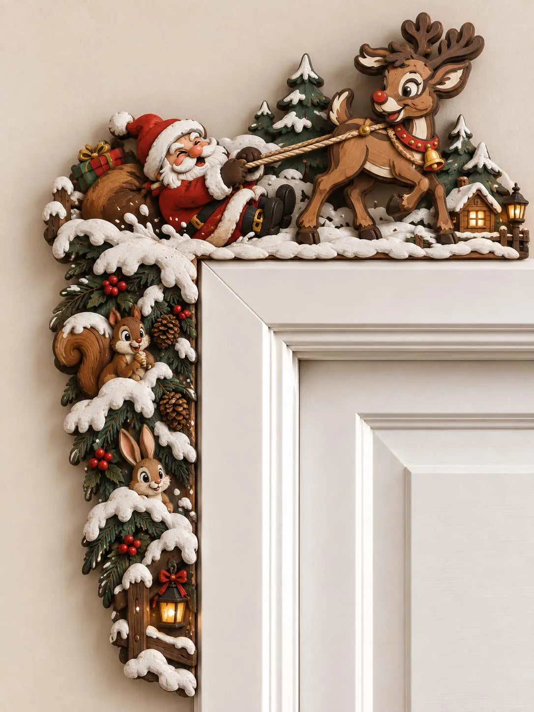 🎅 "Santa and Reindeer in Snowy Woods" Christmas Door Corner Sign