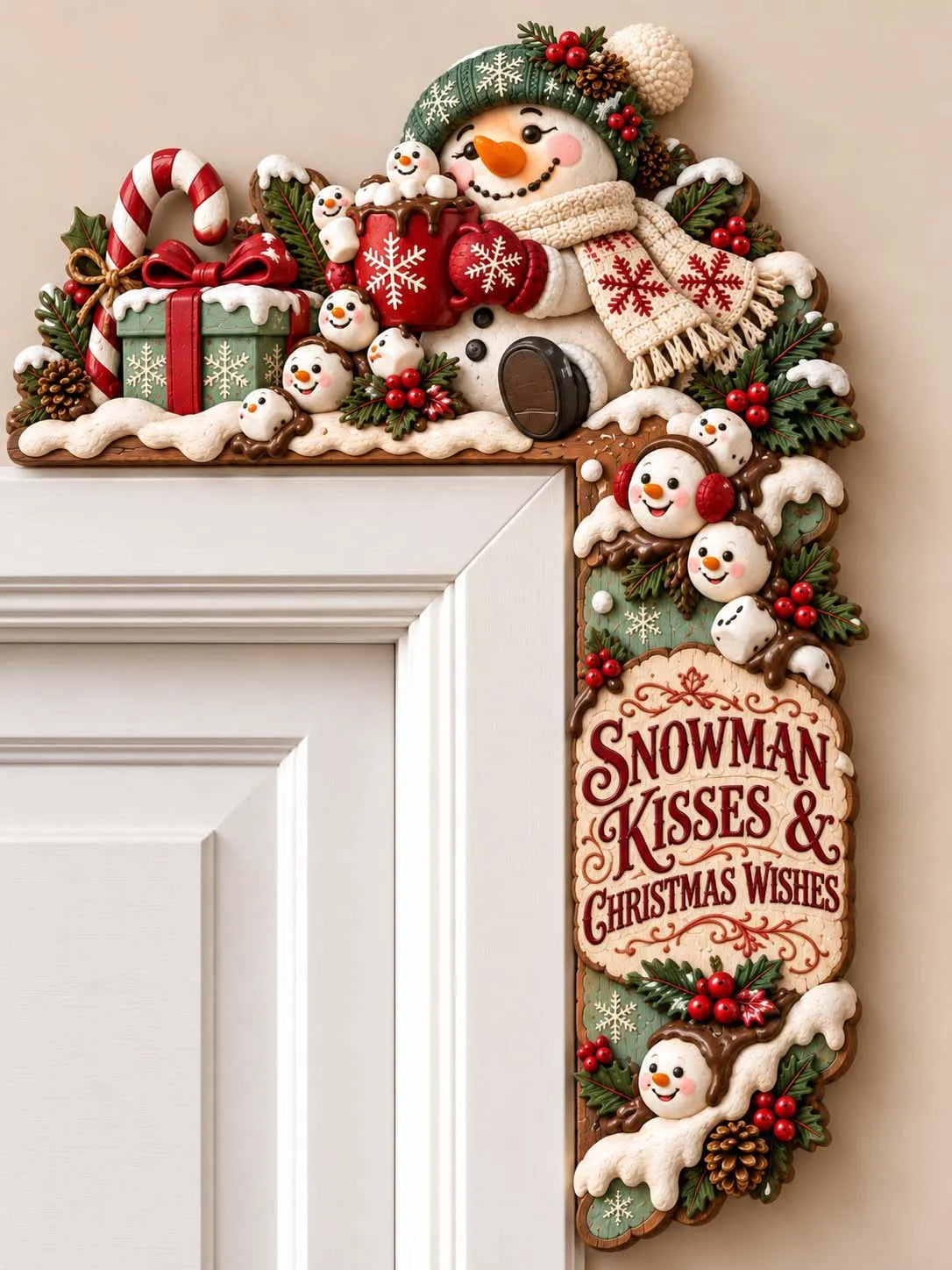 ⛄ "Snowman Kisses & Christmas Wishes" Green Hat Snowman with Hot Cocoa Door Corner Frame Decor