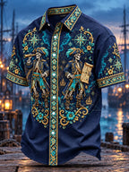 Nautical Compass Twin Pirate Skeleton Short Sleeve Shirt