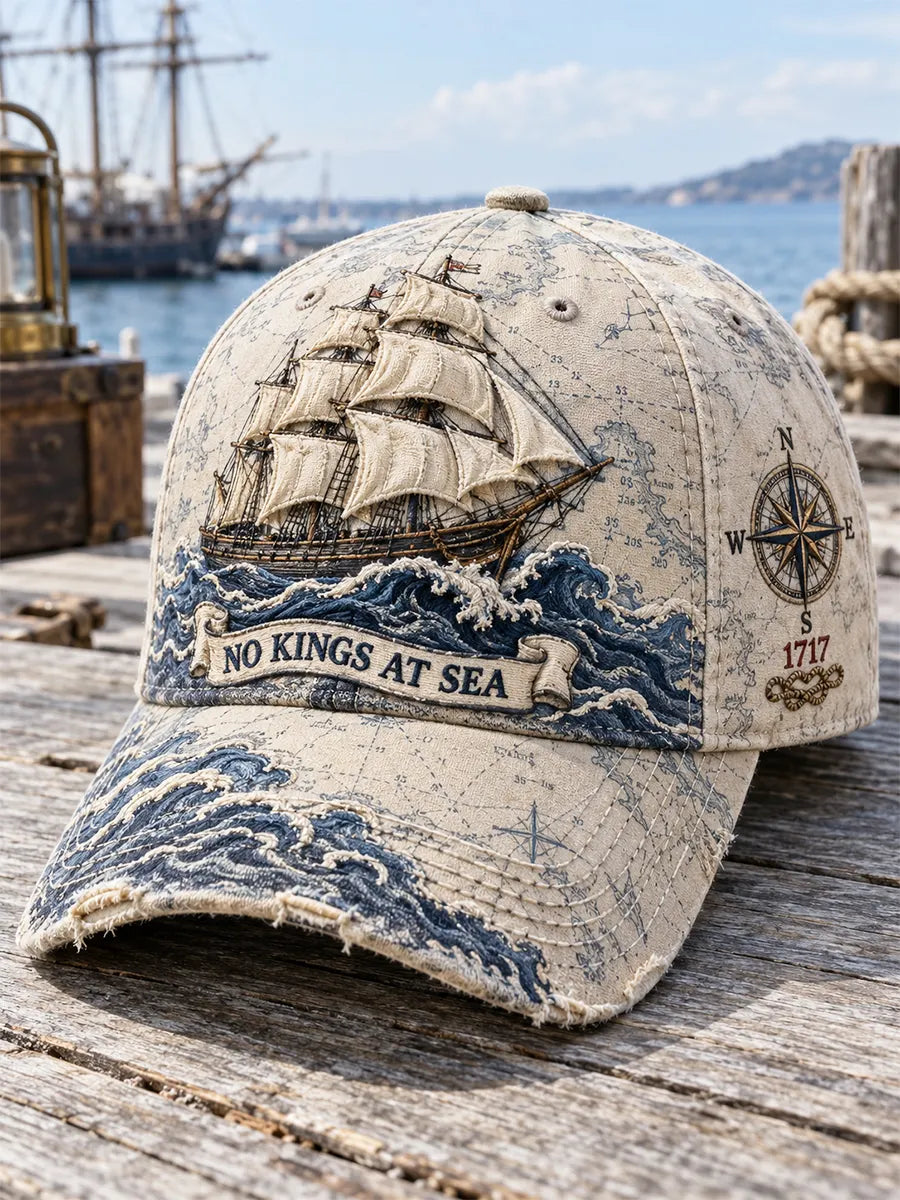 🗺️ "No Kings at Sea" Vintage Navigation Map & Tall Ship Embroidered Cap